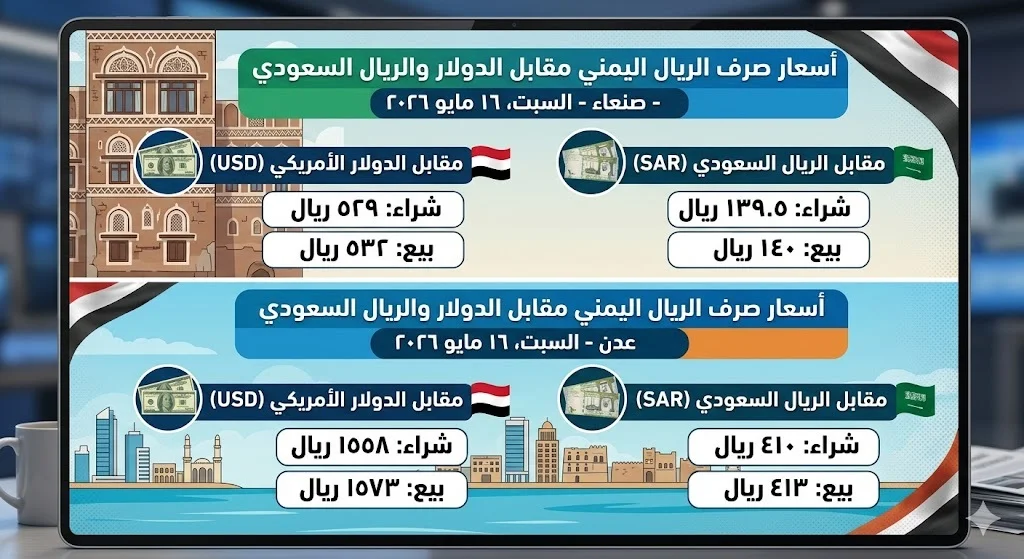 النشرة الاقتصادية: أسعار صرف الريال اليمني أمام العملات الأجنبية السبت - 16 مايو 2026
