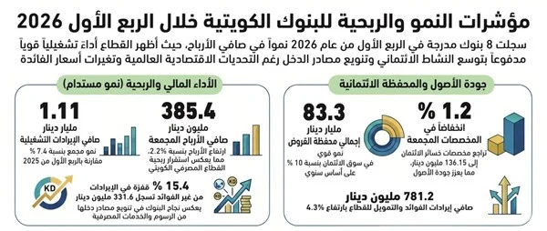 "رغم تحديات التمويل.. 8 بنوك كويتية تحصد 385.4 مليون دينار أرباحاً صافية بنهاية الربع الأول"