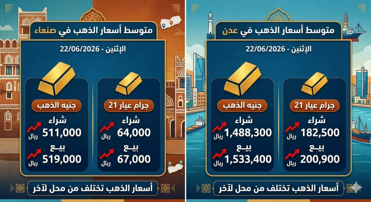 تقرير أسعار الذهب في اليمن | الإثنين 22 يونيو 2026