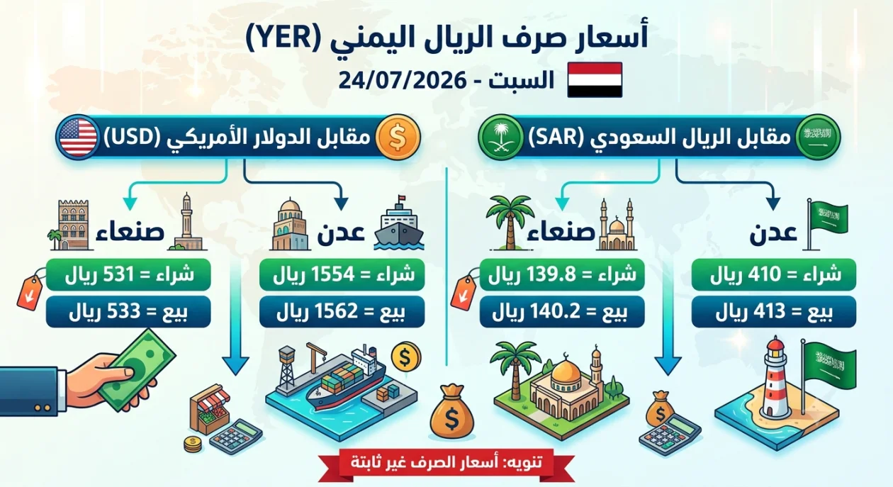 التقرير اليومي لأسعار صرف العملات في الأسواق اليمنية ​السبت - 04 يوليو 2026