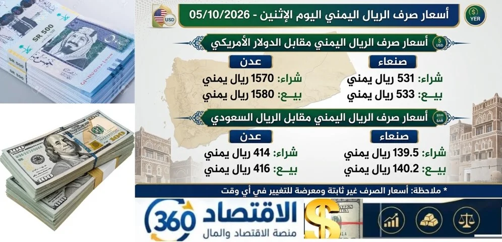 أسعار صرف الريال اليمني أمام الدولار والسعودي في صنعاء وعدن